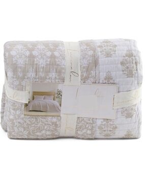 LUMINA LOU 3pc Cotton Reversible Floral Quilt Set in Beige and White